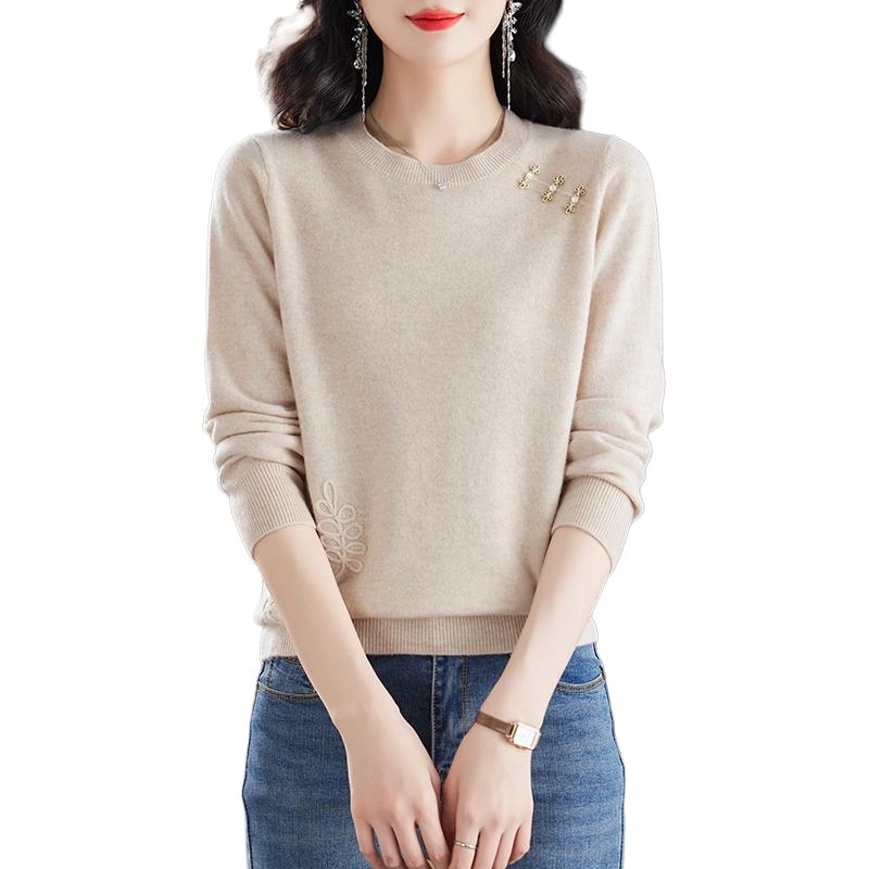 袋鼠 简约时尚宽松百搭圆领纯色套头质感绣花羊毛针织衫 女款