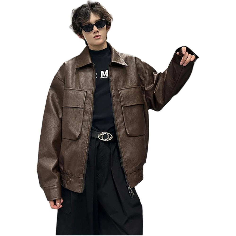 袋鼠 秋冬季美式重磅复古皮衣外套街头宽松潮流休闲百搭翻领机车皮夹克 男女同款