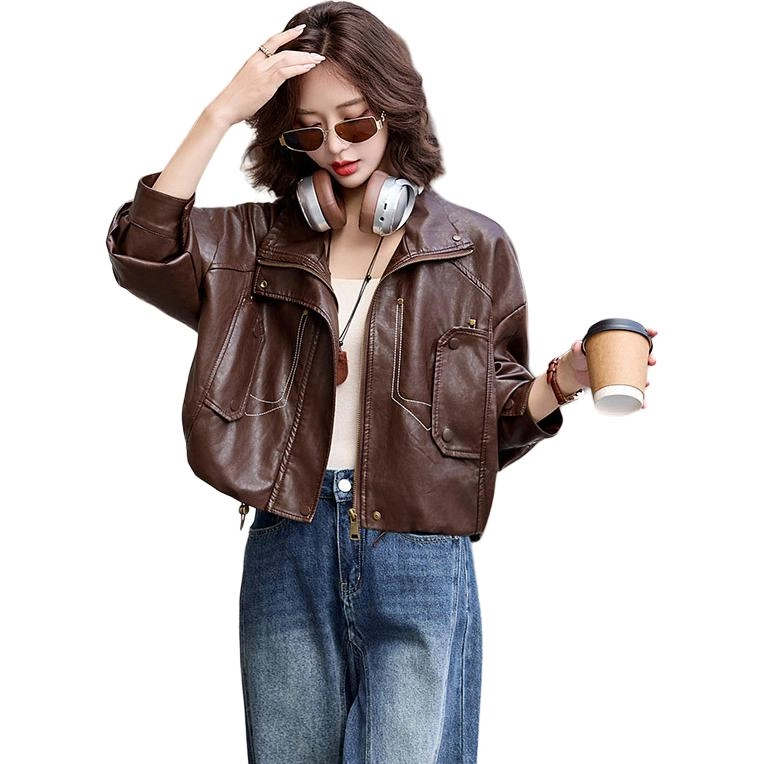 袋鼠 美式复古时尚休闲气质立领明线设计皮衣外套 女款