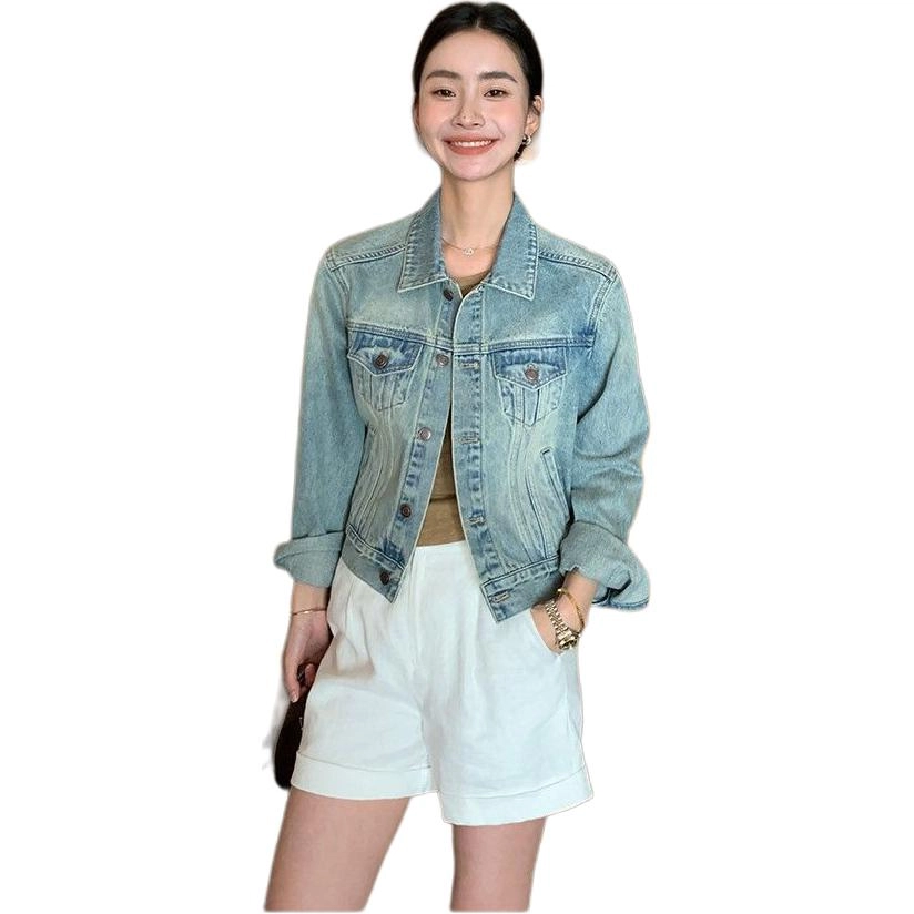 邓大喵 骨感洗水粗斜纹短款女秋季小众翻领显瘦潮流上衣牛仔外套 女款