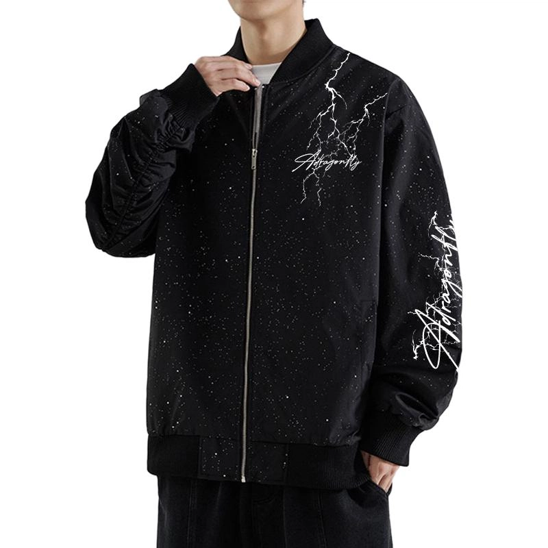 红蜻蜓 美式高街侧边字母设计感满天星纯色拉链复古数字印花宽松百搭舒适防风保暖休闲棒球服外套夹克 男女同款