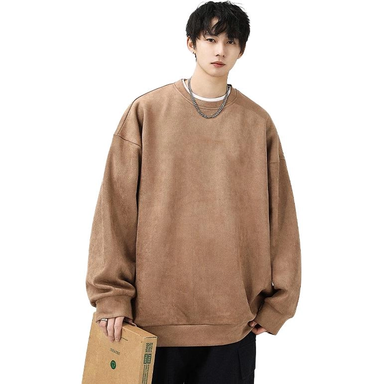 洞洞拐 麂皮绒重磅宽松大码内搭上衣服男生圆领长袖打底衫卫衣 男女同款