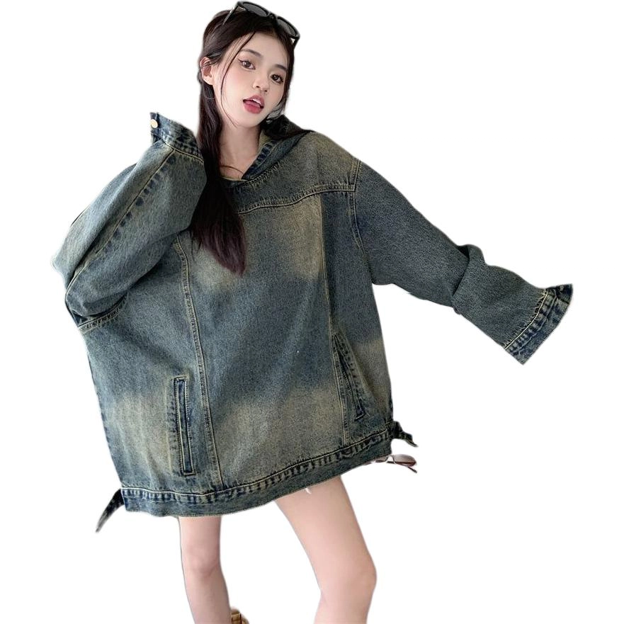 邓大喵 美式做旧连帽女春季设计感复古宽松套头夹克牛仔外套 女款