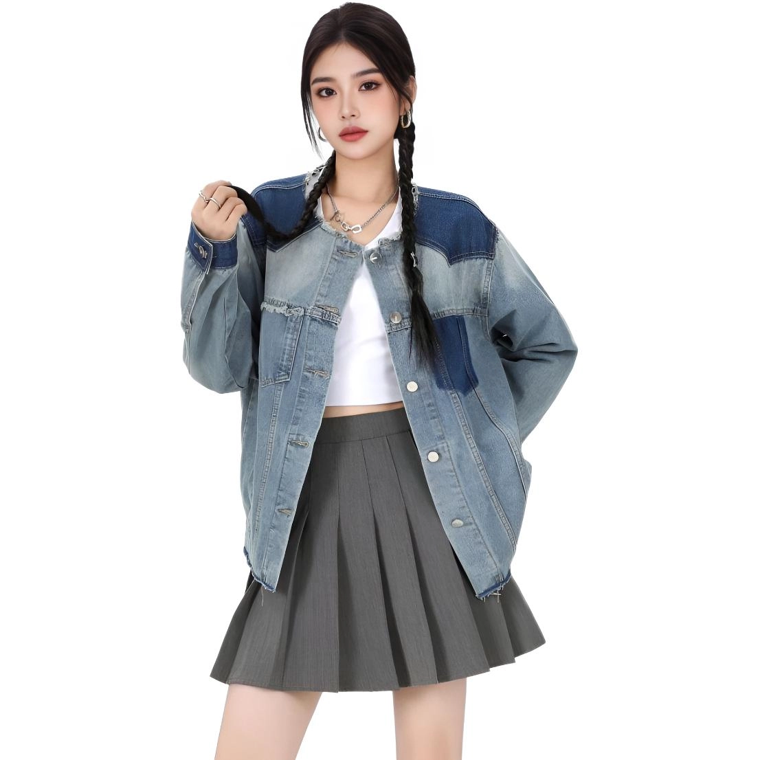邓大喵 韩系街头个性拼色女秋季设计感小众宽松显瘦夹克上衣牛仔外套 女款