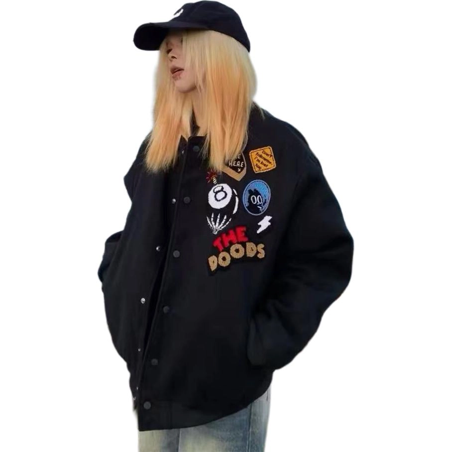梨九九 美式复古徽章字母刺绣棒球服宽松夹克截短外套 女款
