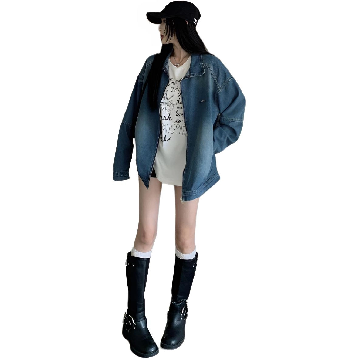 邓大喵 美式复古水洗做旧拉链男女春秋街头宽松休闲小众牛仔外套 女款