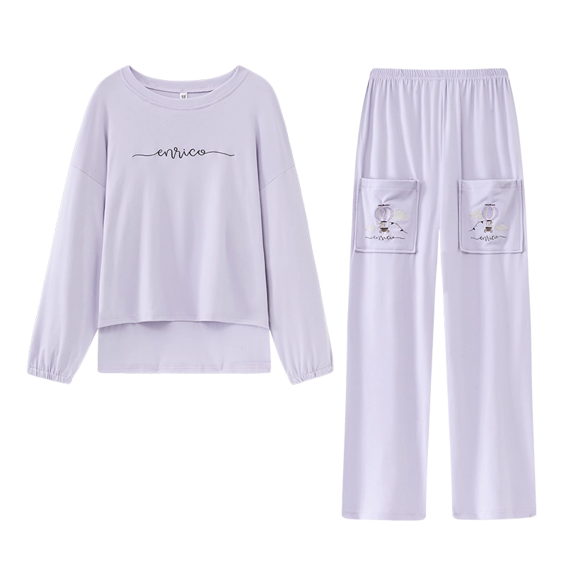 静英鸾 德绒长袖长裤圆领套头纯色简约甜美休闲两件套家居服秋冬季保暖套装 女款