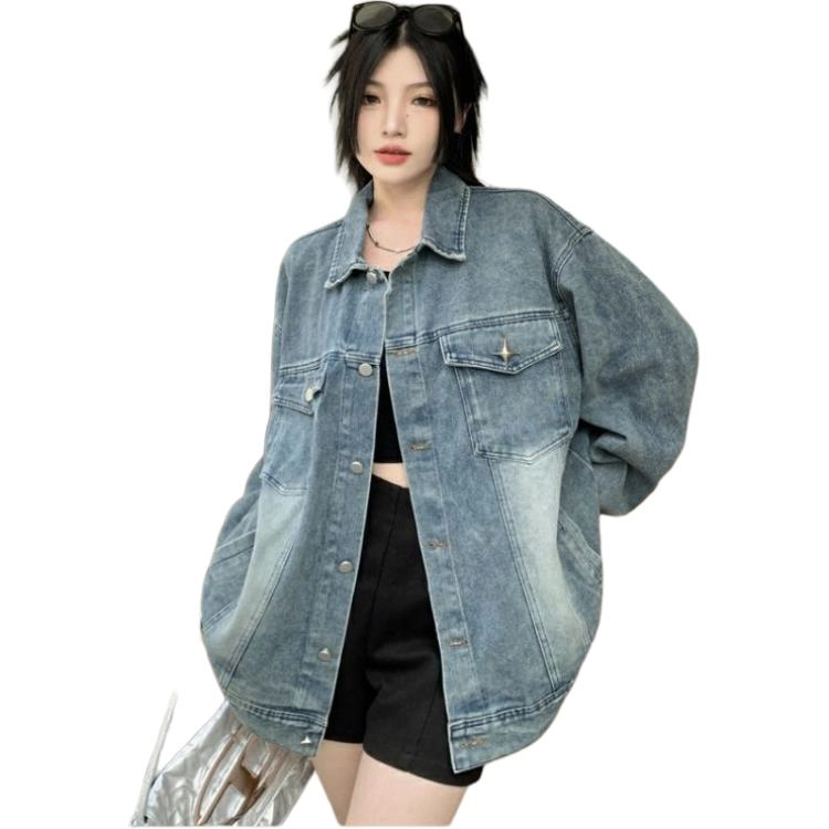 邓大喵 美式水洗复古百搭秋季女高街潮牌宽松情侣夹克牛仔外套 女款
