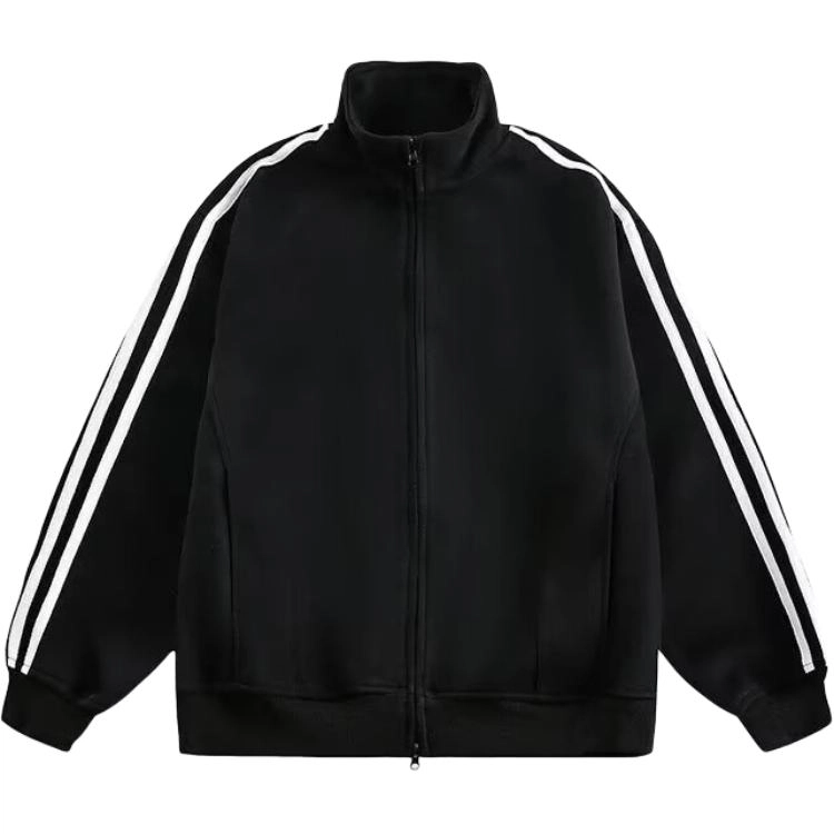 洞洞拐 美式复古三条杠立领潮牌宽松拉链情侣开衫外套加绒外穿夹克 男女同款