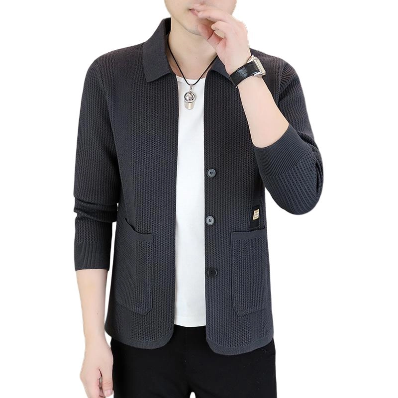 百胜狐 百胜狐男士外套秋季潮流时尚商务修身翻领纯色上衣休闲针织衫 男款
