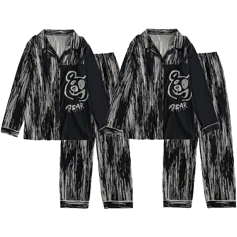 静英鸾 棉质长袖长裤翻领开衫卡通条纹小熊情侣休闲家居服秋冬季睡衣套装 男女同款