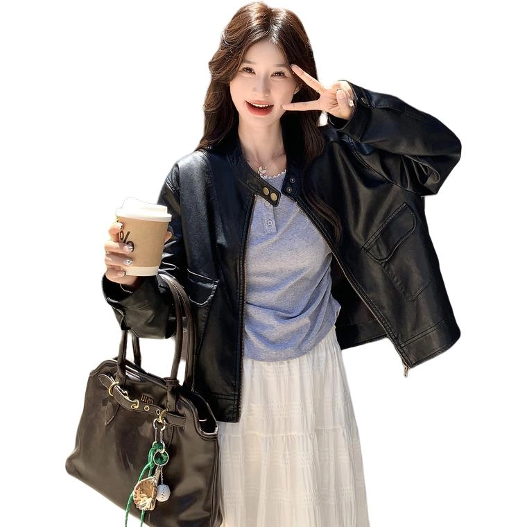 袋鼠 时尚减龄洋气短款韩系甜酷夹克上衣外套皮衣 女款
