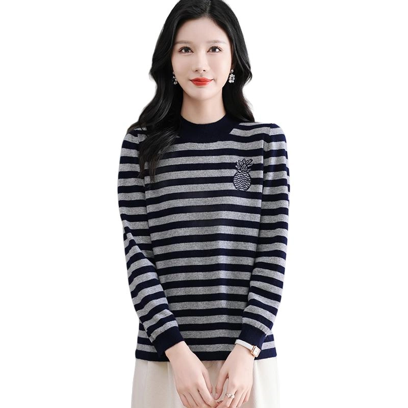 袋鼠 宽松舒适简约百搭质感条纹圆领长袖羊毛针织衫 女款