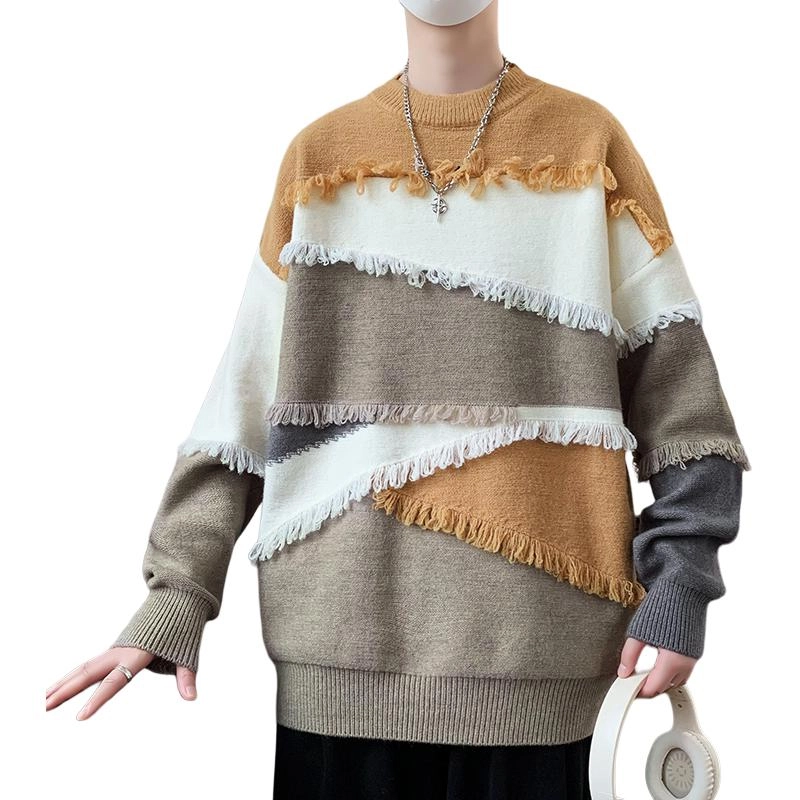 百胜狐 百胜狐个性拼接毛边设计感小众男青少年痞帅流苏线衣外套针织衫 男款