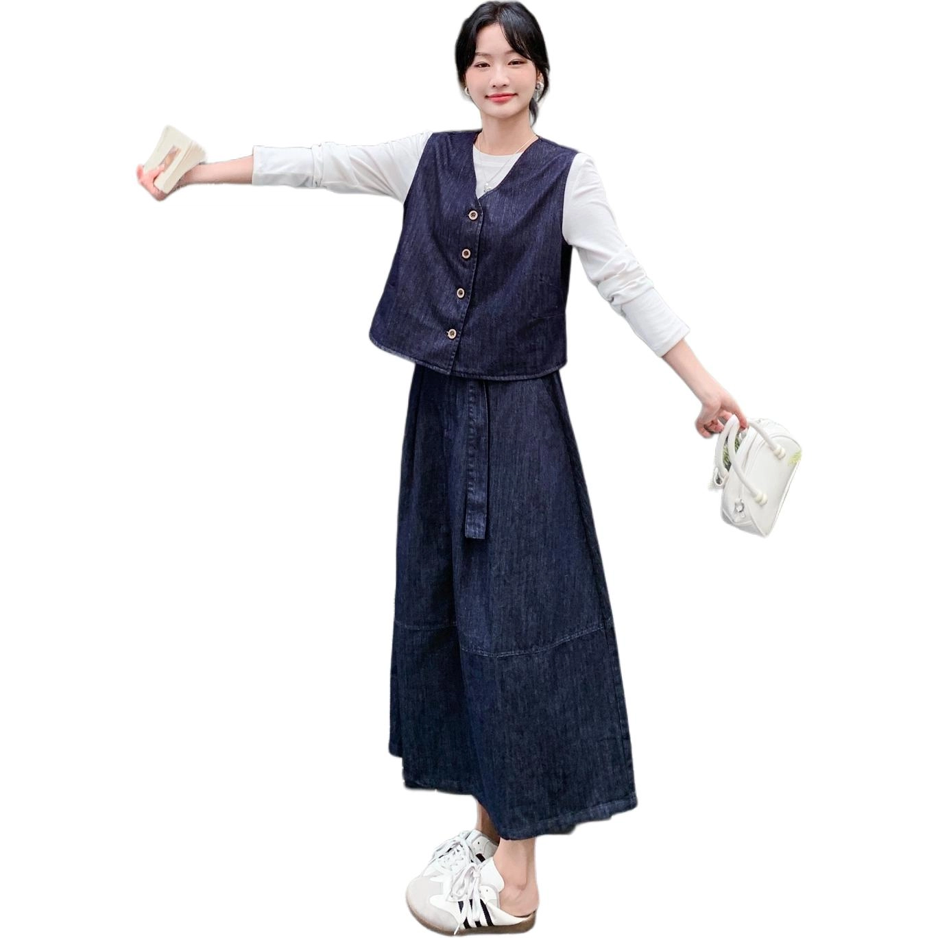 袋鼠 条纹披肩牛仔马甲半身裙三件套裙装套装 女款