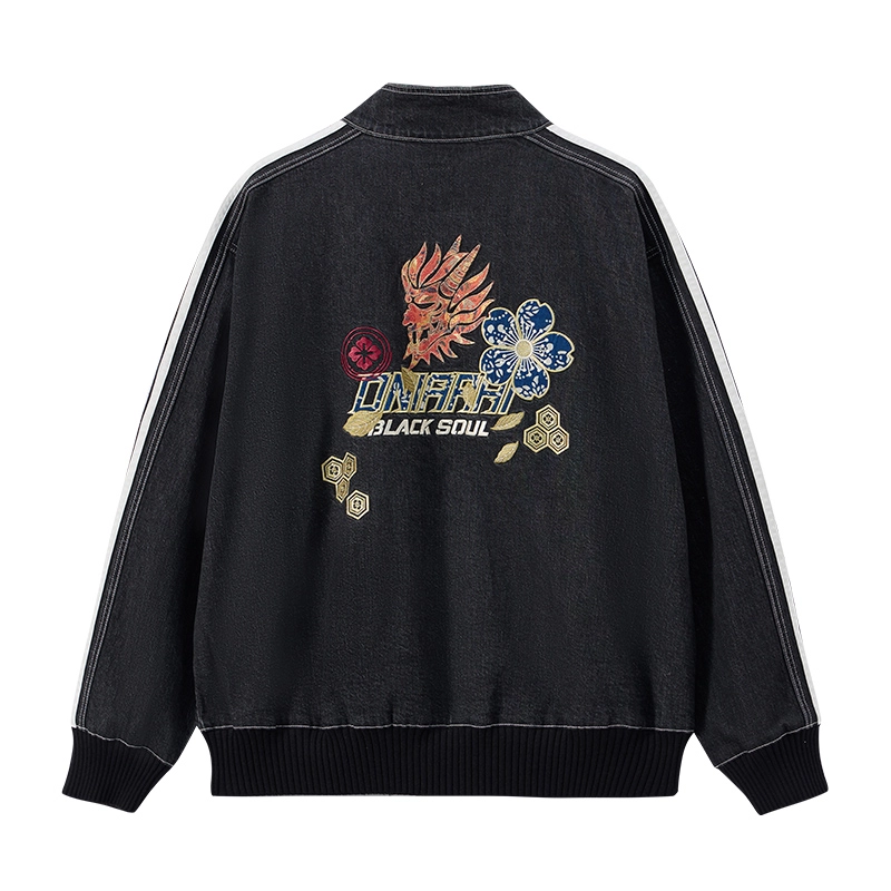 鬼洗 非遗蓝染花布白杠条立领植物花卉常规长袖宽松型牛仔外套 男女同款