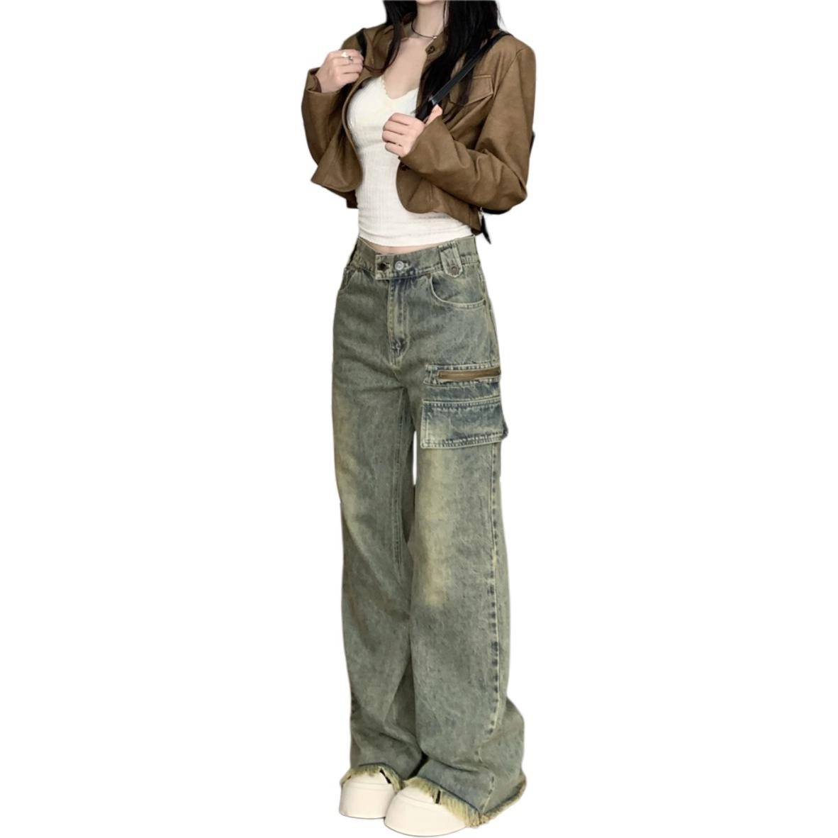 邓大喵 美式复古水洗阔腿女秋冬小众高腰宽松流苏微喇拖地裤子牛仔裤 女款