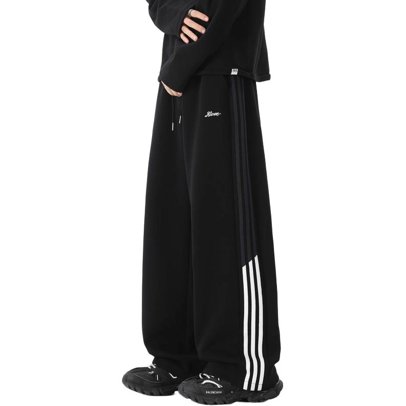 引创 撞色拼接条纹裤子男秋季潮牌青少年慵懒风宽松阔腿加长裤休闲裤 男女同款