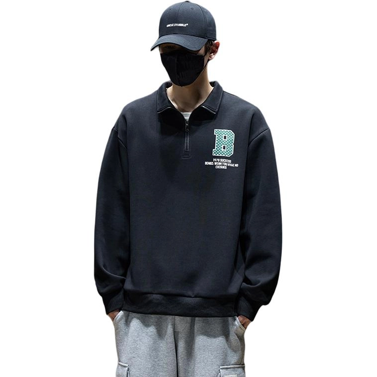左岸 春秋青少年港风时尚潮牌休闲宽松简约长袖半拉链翻领上衣百搭帅气穿搭舒适加肥加大码字母印花卫衣 男款