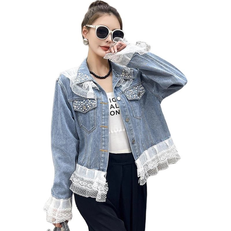 邓大喵 超好看漂亮钉珠女春秋设计感时尚蕾丝边夹克上衣牛仔外套 女款