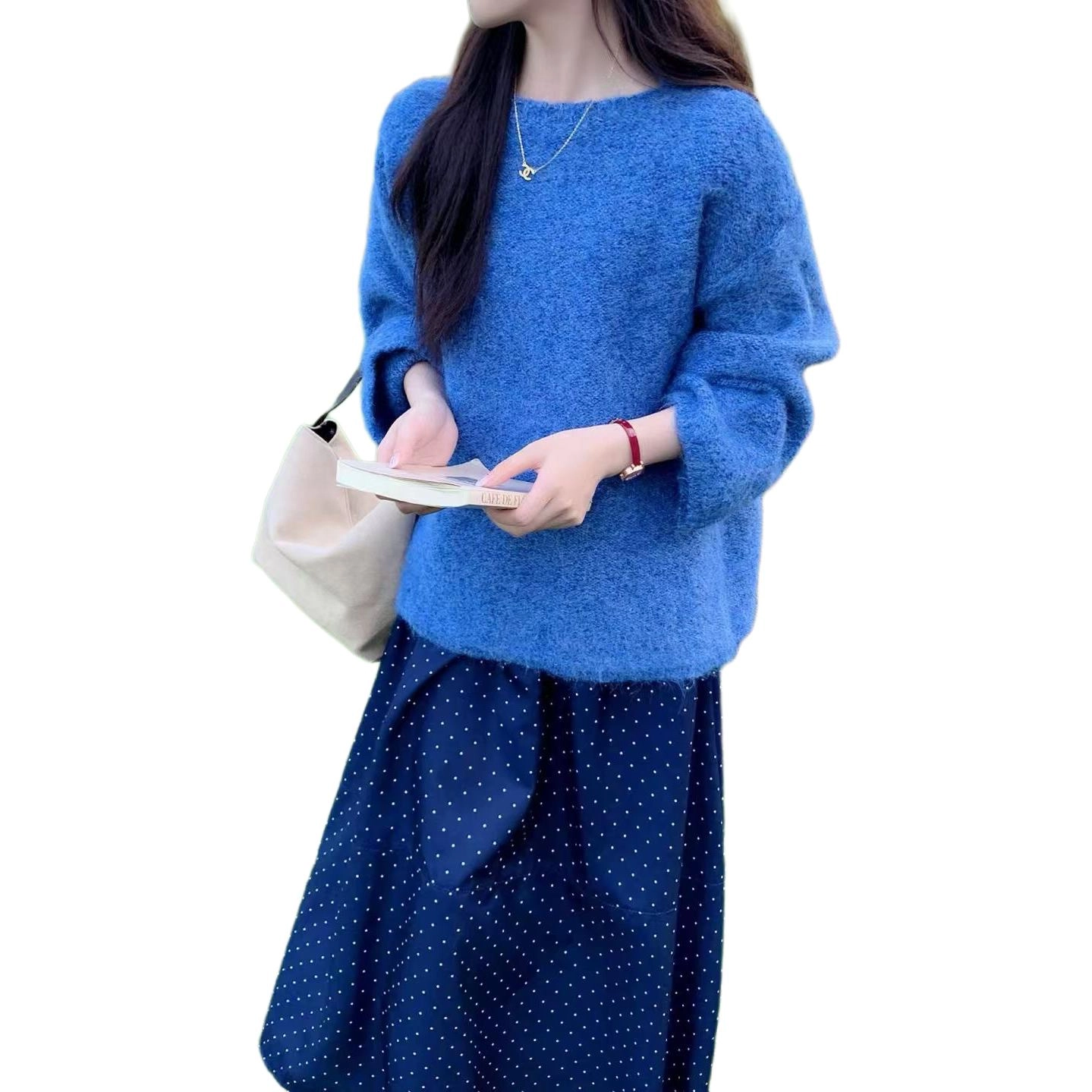 梨九九 韩系高端精致圆领纯色慵懒风宽松显瘦长袖针织衫 女款