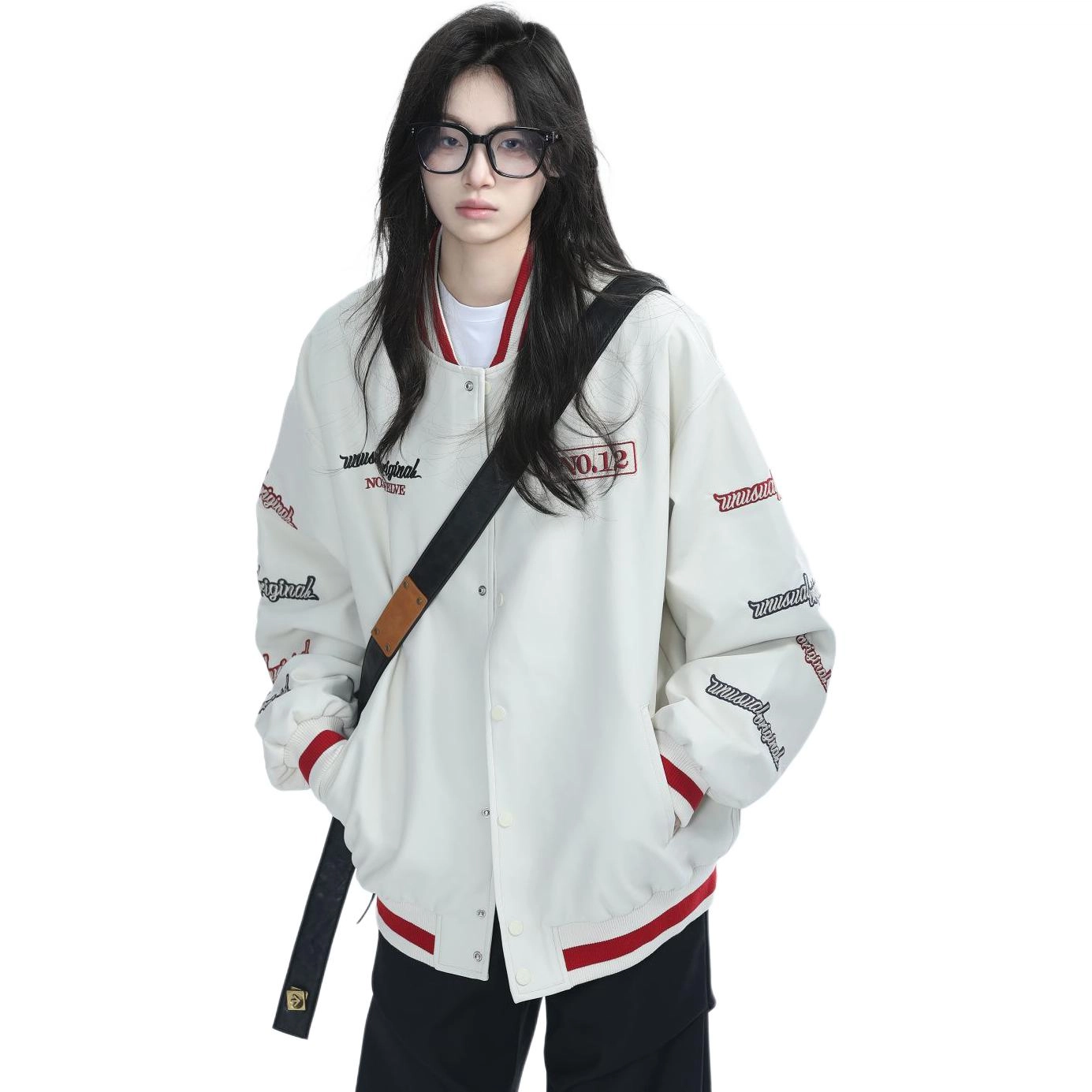 邓大喵 重工刺绣美式复古机车服防风外套女设计感小众宽松夹克棒球服 男女同款