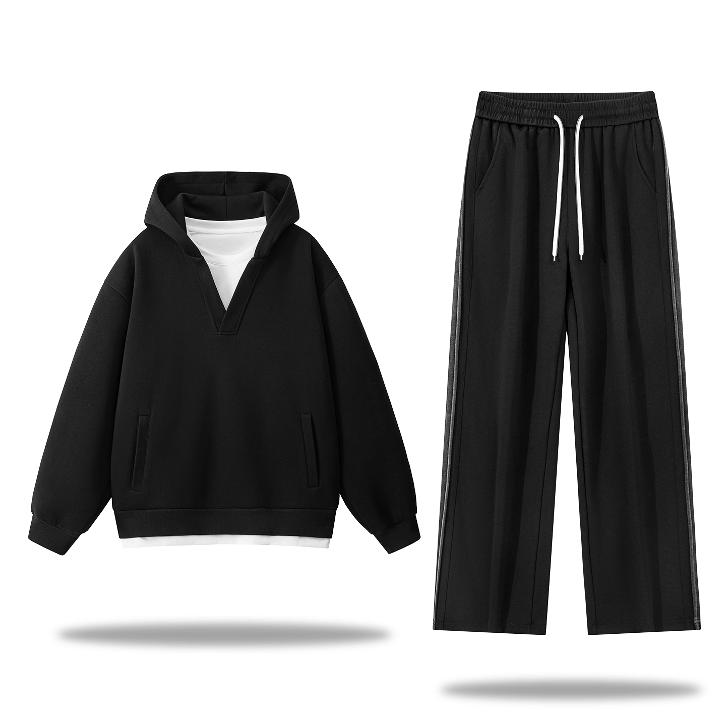 左岸 春秋学院风青少年时尚潮牌宽松带帽假两件卫衣卫裤两件套柔软舒适透气搭配一整套长裤休闲运动套装 男款