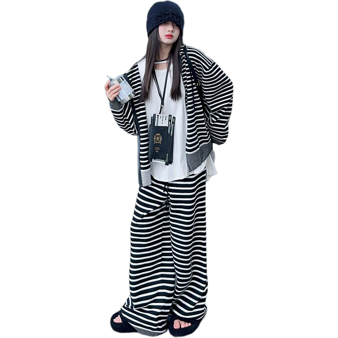 韩素伊休闲运动套装 美式复古慵懒风条纹连帽开衫外套女童秋季宽松阔腿长裤两件 青少年