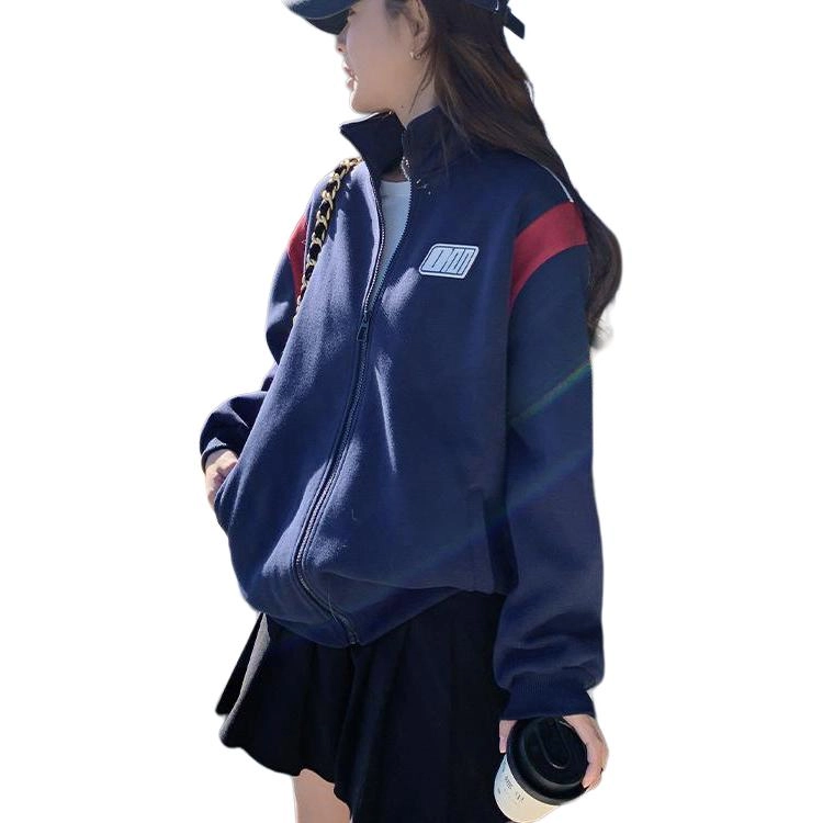 邓大喵 开衫复古春秋外套春季夹克美式立领宽松设计撞色棒球卫衣 女款
