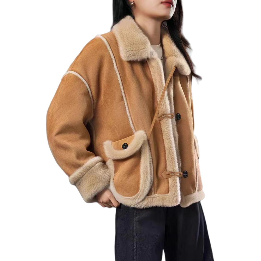 邓大喵 小个子毛毛拼接设计感加厚机车服女冬季宽松休闲立领外套 女款
