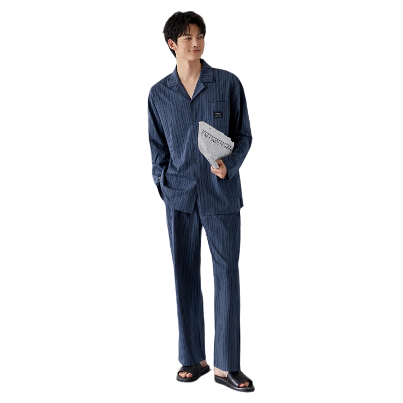 潞优野 简约舒适纯棉长袖男生条纹家居服可外穿春秋款睡衣套装 男款
