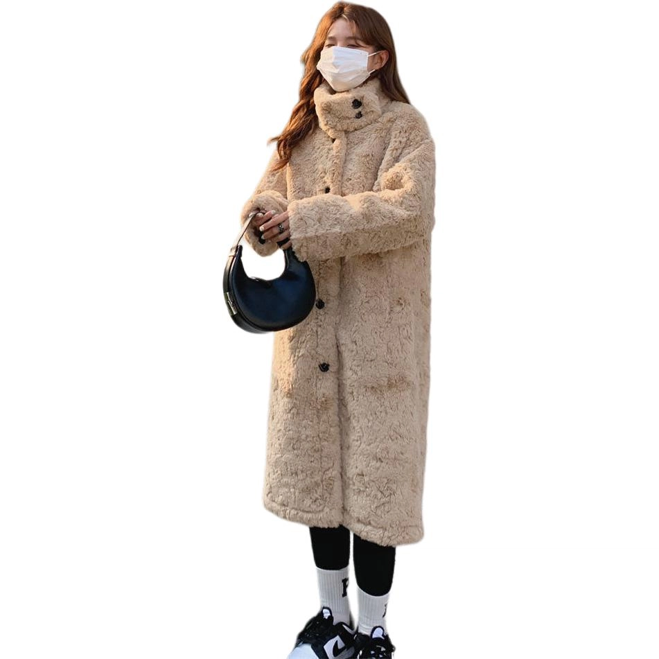 邓大喵 立领设计冬季外套羊羔皮毛大衣加厚宽松长款过膝皮草 女款
