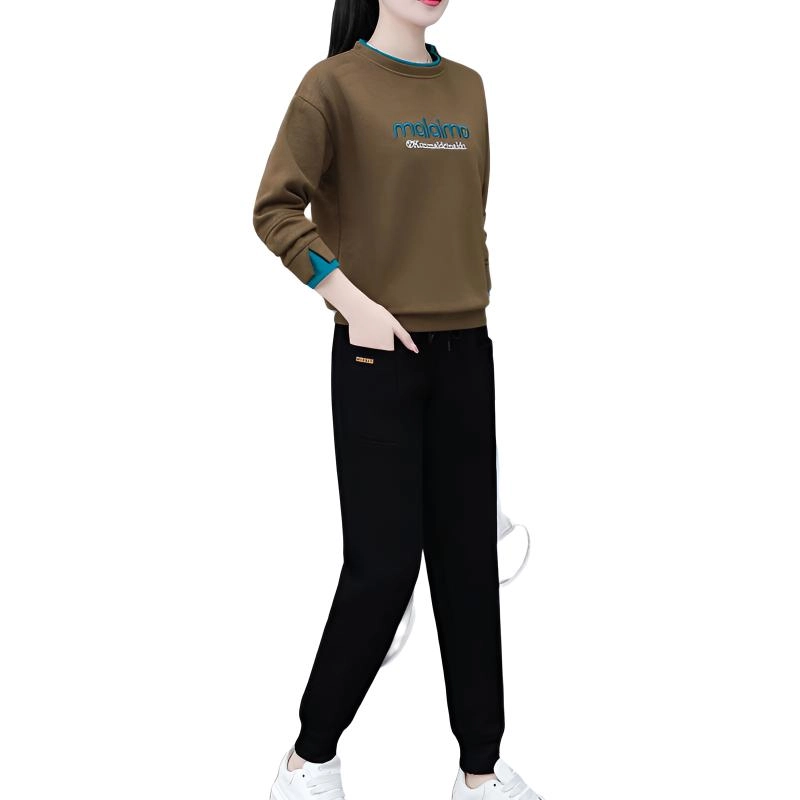 左岸 时尚简约女士百搭印花字母纯色透气常规舒适柔软亲肤户外通勤轻便长衣长裤休闲套装 女款