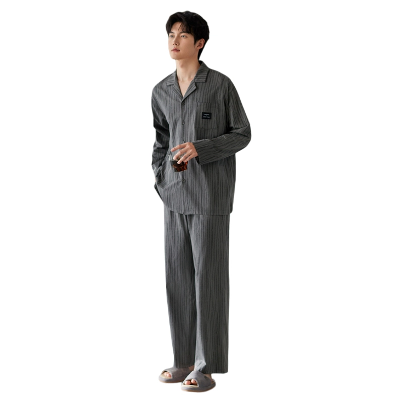 潞优野 简约舒适纯棉长袖男生条纹家居服可外穿春秋款睡衣套装 男款