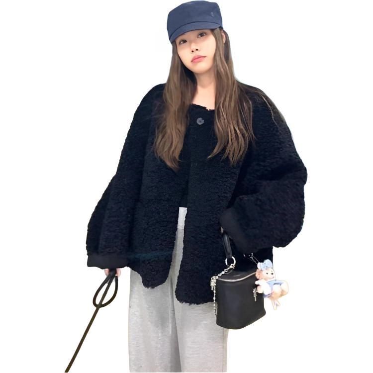 邓大喵 慵懒风环保羊羔毛外套女秋冬季短款宽松加厚皮毛一体休闲减龄上衣皮草 女款