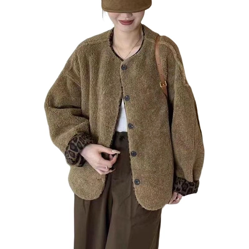邓大喵 短款外套春秋羊羔绒女豹纹圆领皮毛一体开衫宽松上衣皮草 女款