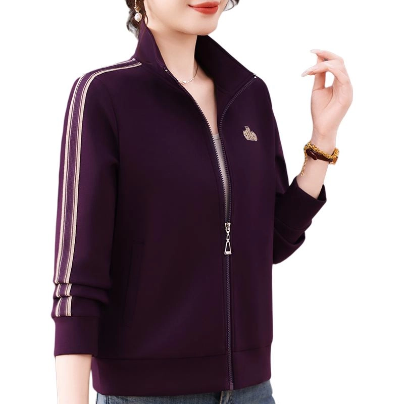 缪斯的诱惑 高质感时尚潮流洋气减龄美式复古风纯色条纹拼接烫钻绣标运动休闲宽松百搭通勤上衣简约针织衫柔软棒球开衫立领夹克外套 女款