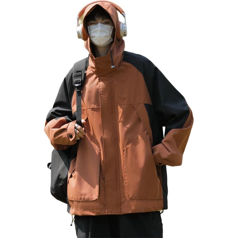 邦固依品 日系复古工装男秋季潮牌户外机能痞帅宽松拼接撞色连帽冲锋衣夹克 男款