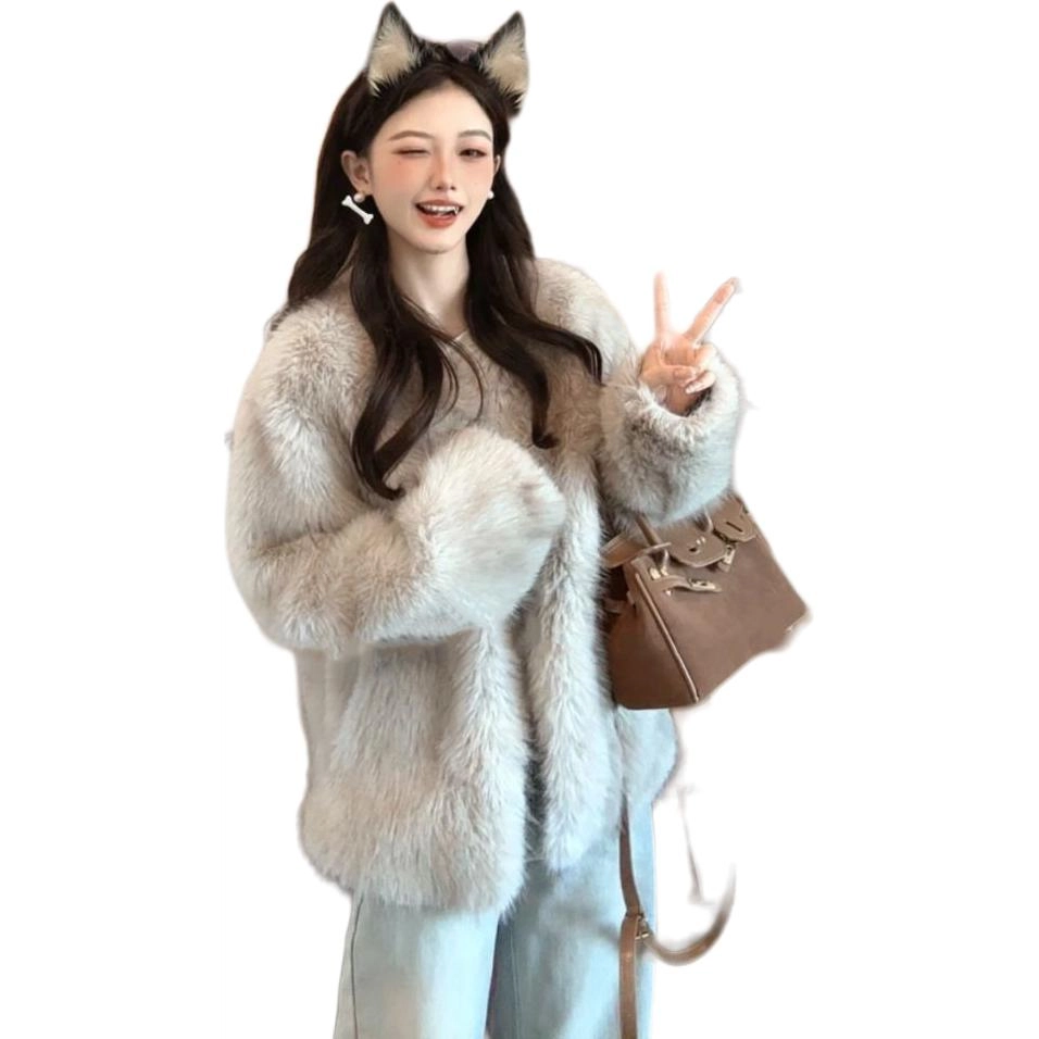 邓大喵 双色仿狐狸毛女皮毛一体短外套高级感环保毛毛上衣女冬季皮草 女款
