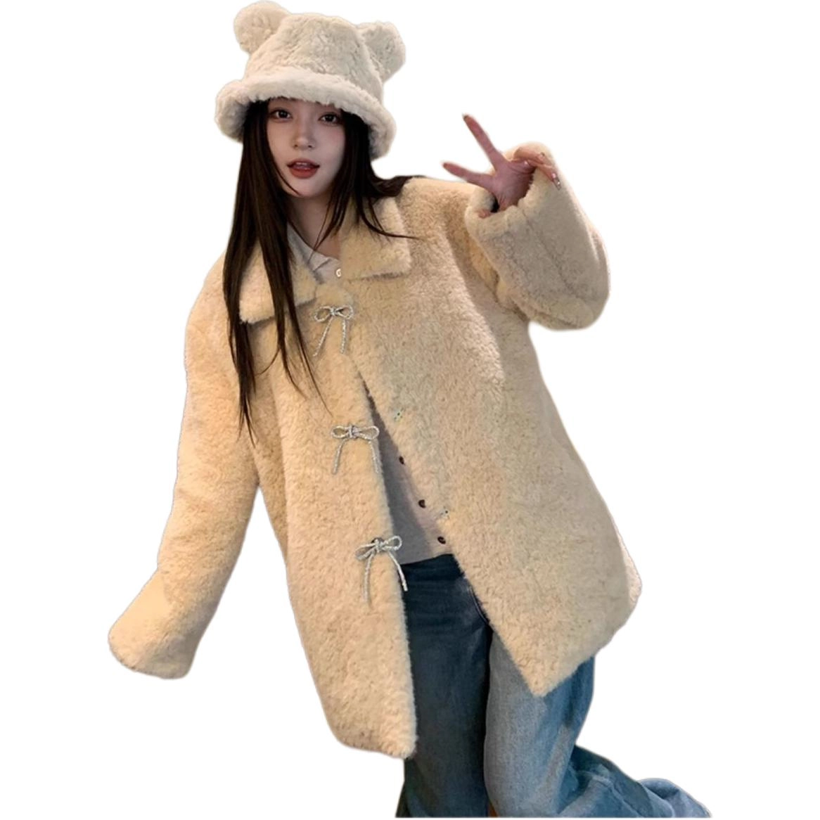 邓大喵 皮毛一体大衣女中长款翻领气质秋冬加厚宽松毛毛外套皮草 女款