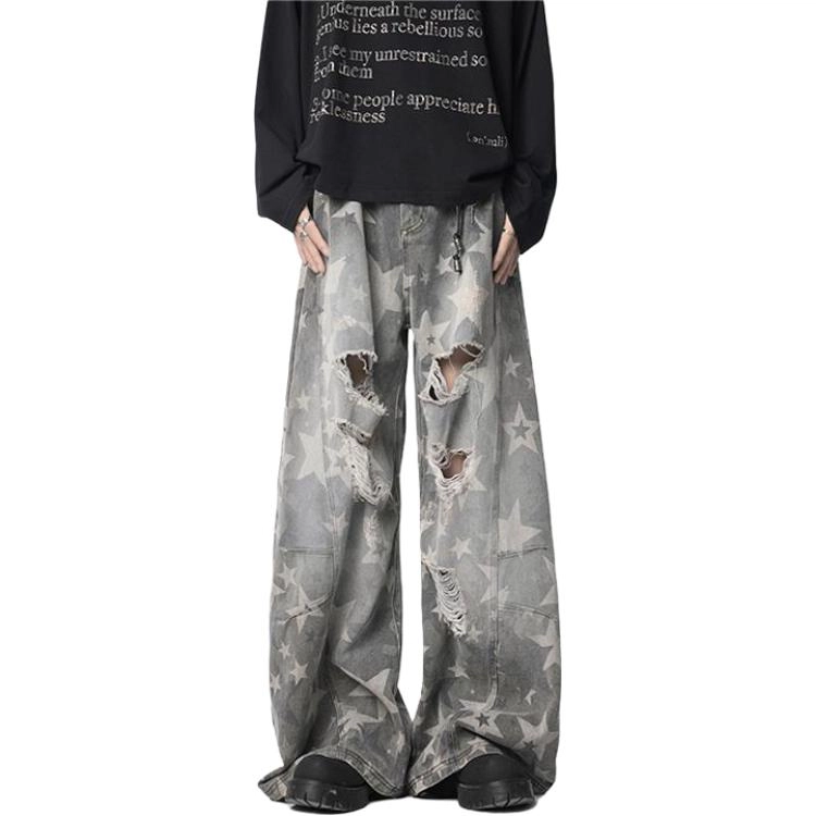 马员外 星星印花做旧破洞弯刀裤印花宽松牛仔裤 男女同款