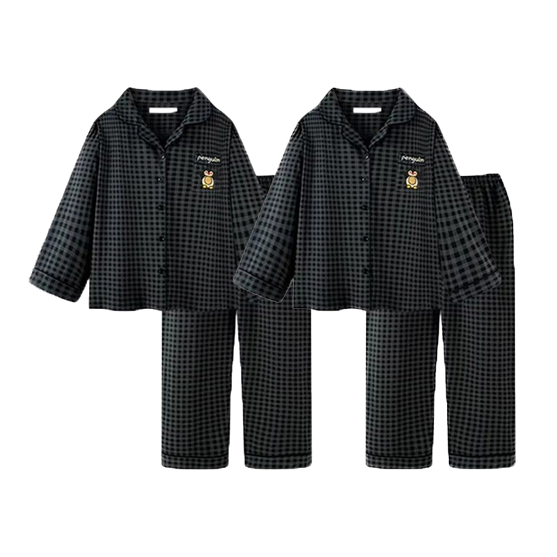 静英鸾 卡通企鹅格子甜美风休闲舒适家居服睡衣套装 男女同款