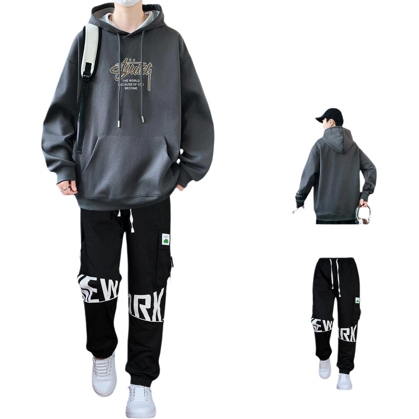 邦固依品 青少年连帽卫衣男装春秋季潮流牌宽松高初中学生帅气休闲运动套装 男款