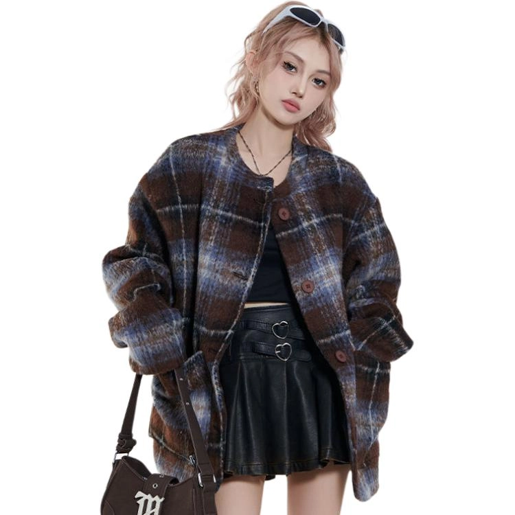 邓大喵 韩系高级感格纹呢冬季夹棉加厚复古慵懒风棉服外套大衣 女款