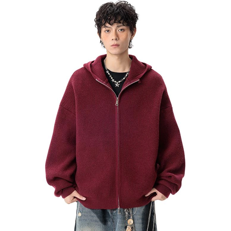 马员外 开衫美式双拉链宽松连帽舒适百搭针织衫 男款