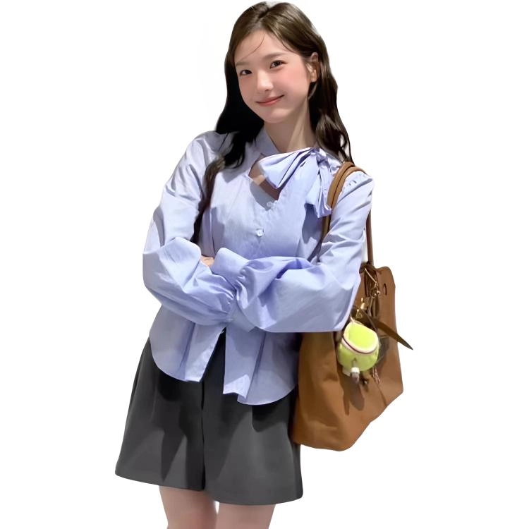 轻迎 蝴蝶结条纹常规长袖法式短款衬衣内搭上衣衬衫 女款