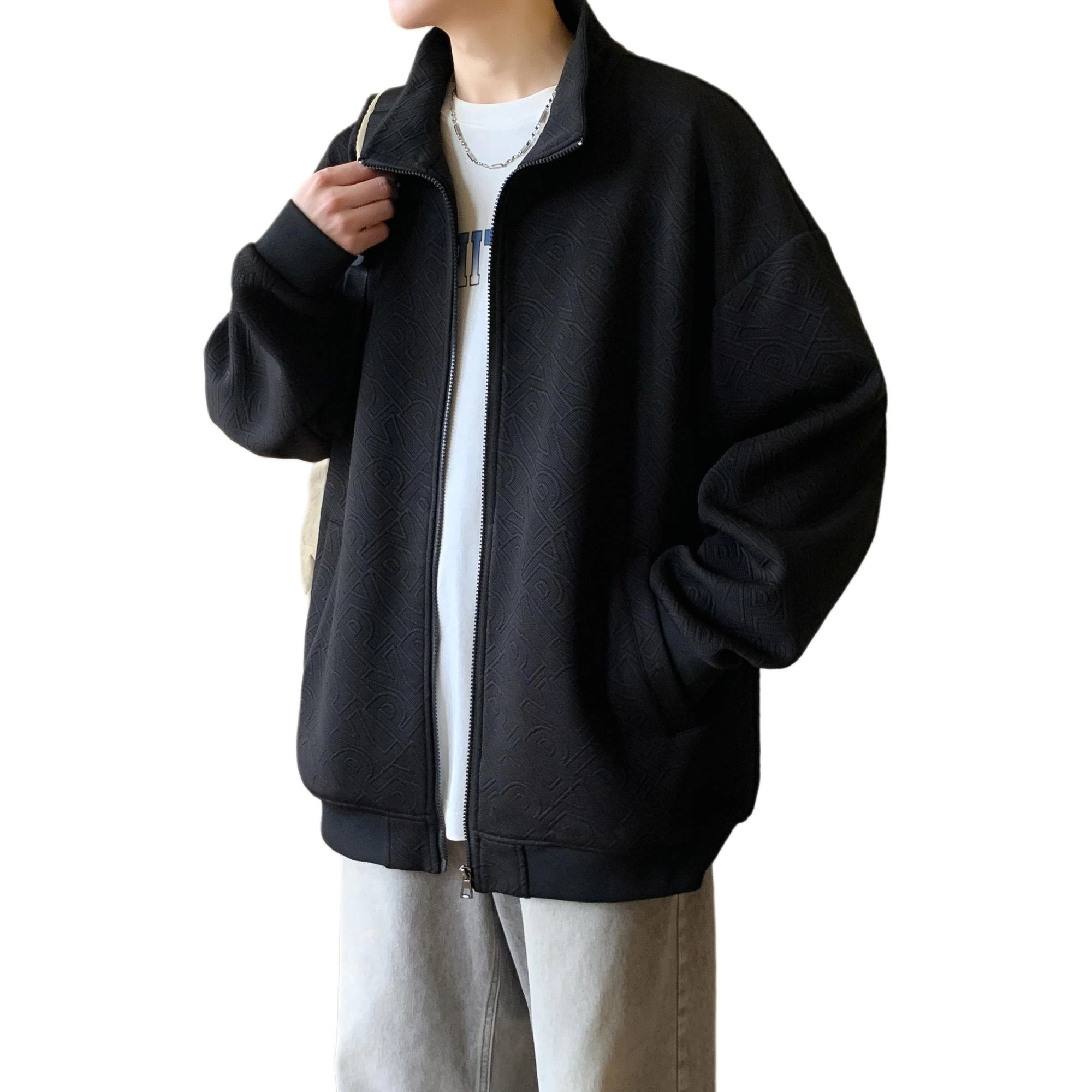 洋气先生 美式高街复古学院风少年感潮牌基础款纯色立领运动街头日常通勤法式慵懒风休闲百搭开衫拉链字母钢印满印外套卫衣 男女同款