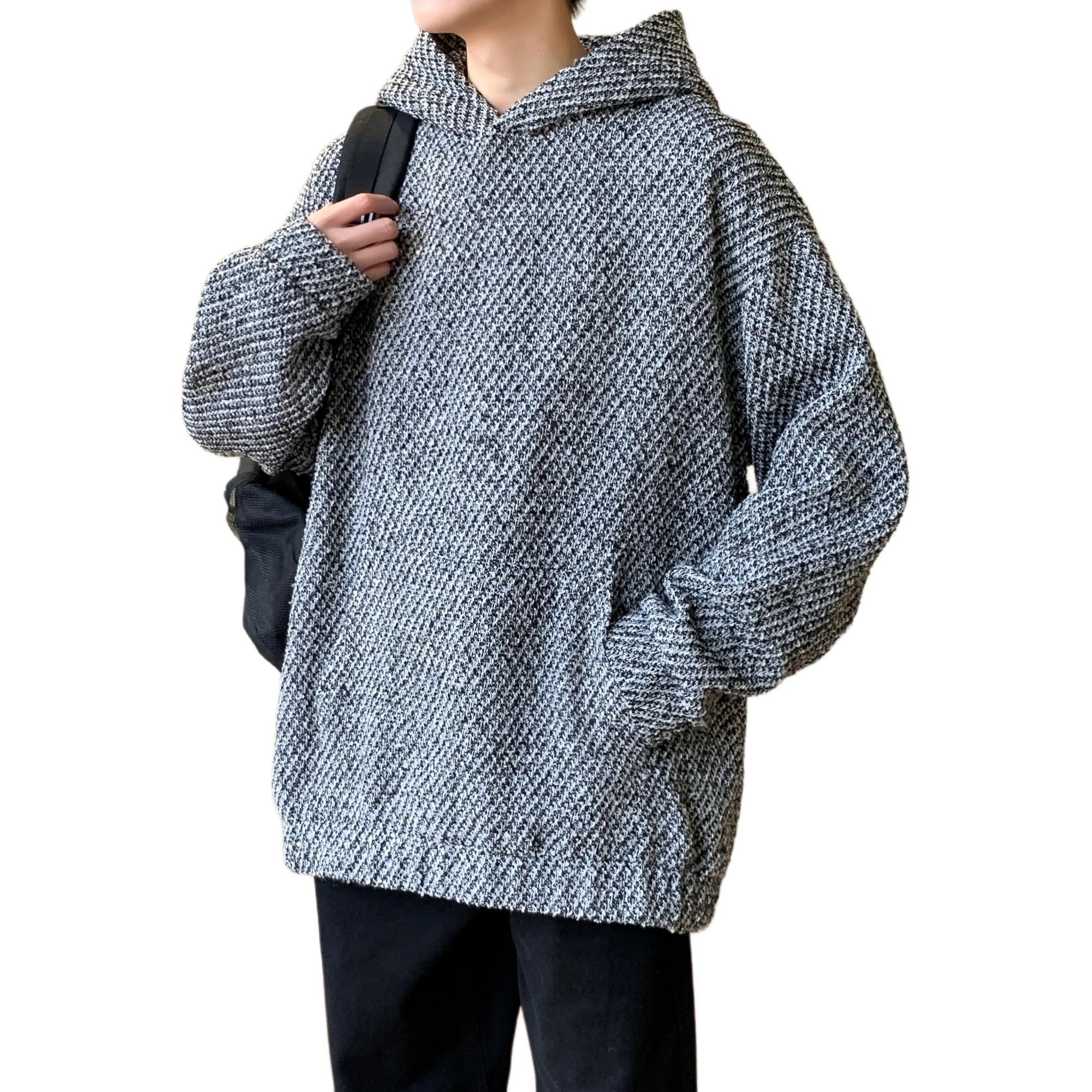 洋气先生 美式复古高街潮牌粗花斜纹设计感宽松百搭休闲小香风纹理感编织长袖套头痞帅日常户外运动连帽上衣春秋季卫衣 男女同款