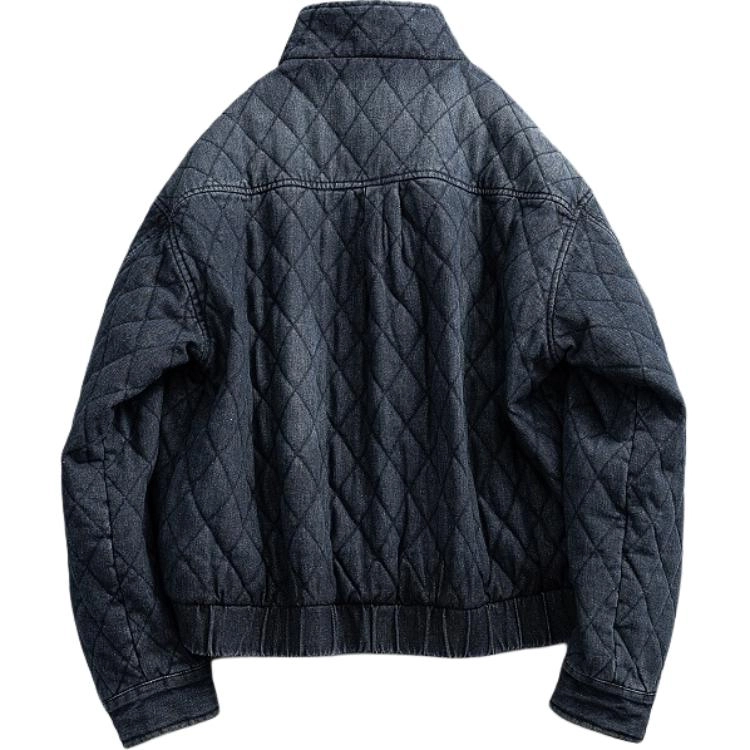 宫奴 日系复古潮牌做旧菱形格绗线宽松阔版夹棉牛仔棉服 男女同款