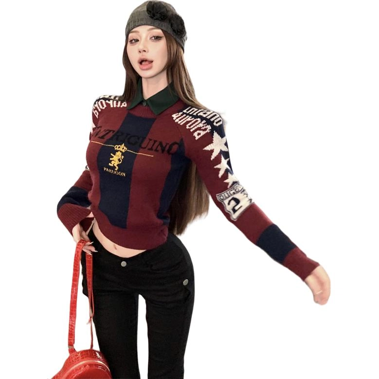 轻迎 美式时尚复古优雅精致假两件修身提花刺绣小众减龄辣妹上衣针织衫 女款